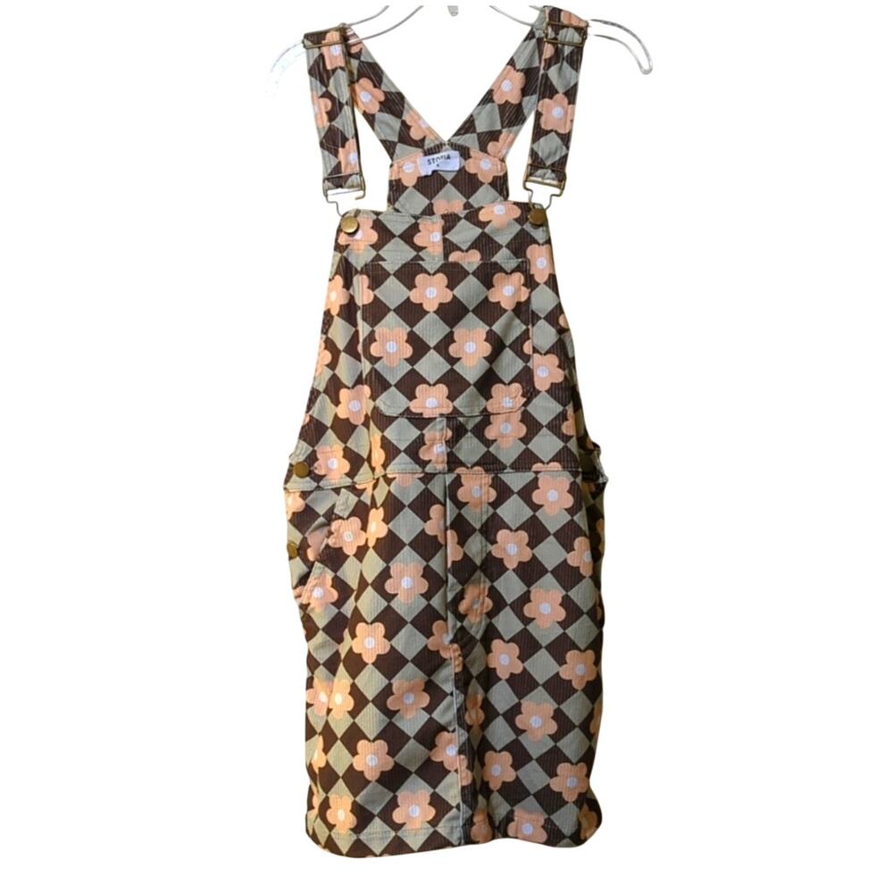 Storia Retro Daisy Checkered Corduroy Overall Mini Dress Brown/Green Sz. Small